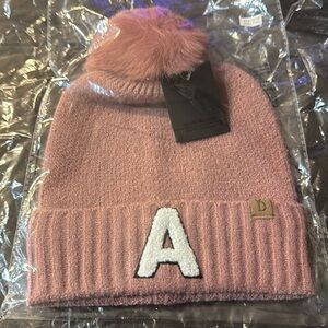 Chenille Letter “A” Ribbed Cuff Beanie with Pom - Cozy & Stylish